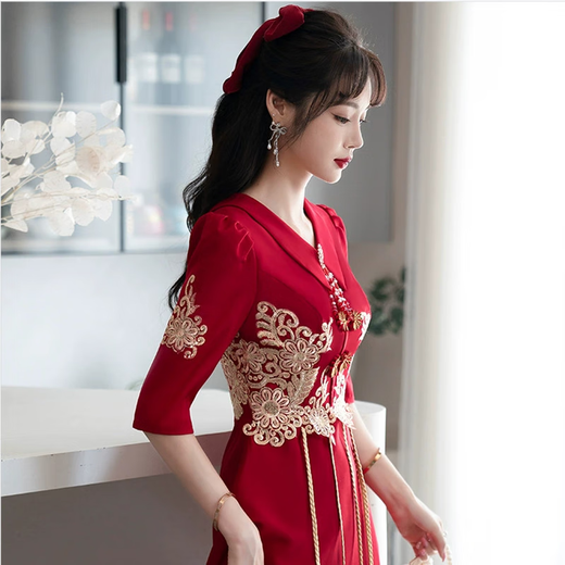 Seidlers neuer chinesischer Toastanzug Burgund Hochzeit Abendkleid kann normalerweise schlanker Wein M (Empfohlen 96-105 Jin [Jin gleich 0,5 kg])