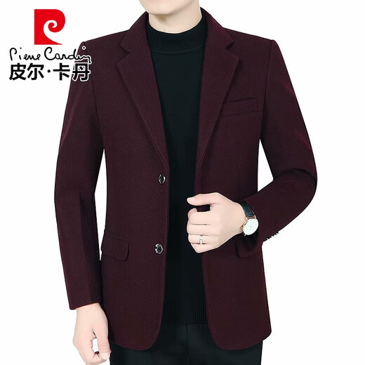 Pierre Cardin middle-aged men's suit thick non-iron casual slim casual single suit solid color woolen suit jacket autumn and winter burgundy L 175/76 recommended 110-125Jin Jin equals 0.5 kg