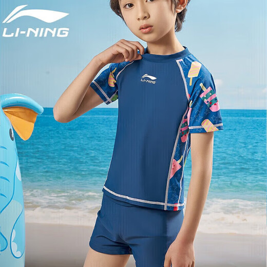 LI NING (li-ning) Swimsuits pour enfants, garçons et filles Split Sun Protection Surfing Cost, confortable et respirant Seasine Spring Hot Springs 671 Bleu foncé 140
