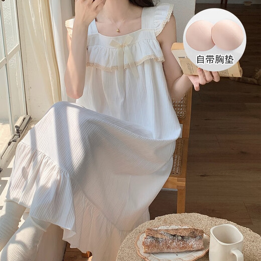 
Slim and beautiful summer princess style cotton suspender nightgown for women in summer thin pajamas with chest pad girl mid-length dress 9905 black M