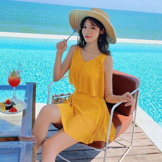 妍蜜俏 新款泳衣女连体保守显瘦遮肚平角裤温泉学生大码胖MM泳装 12041黑色 L