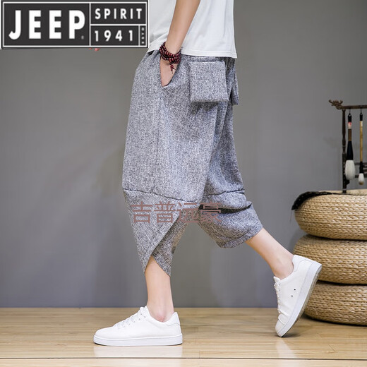 吉普（JEEP）亚麻休闲七分裤男中国风夏季薄款棉麻哈伦裤宽松灯笼裤大码沙滩裤 黑色 4XL180-200斤