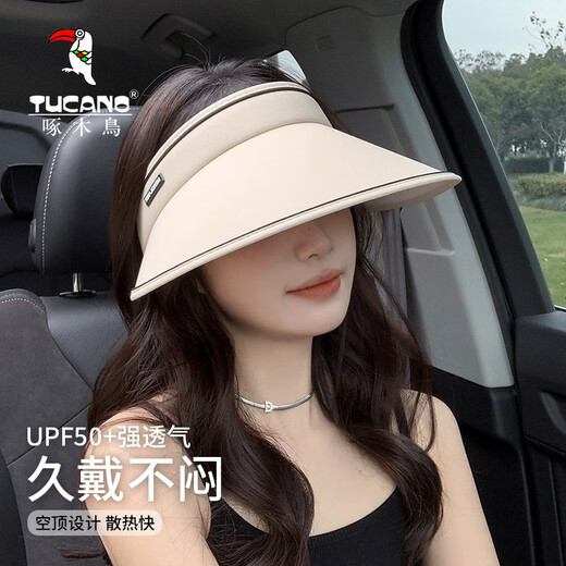 Woodpecker (TUCANO) Hat Women's Summer Large Brim Anti-UV Cycling Empty Top Sunscreen Hat Women's UV Outdoor Sun Hat Sun Hat Beige Foldable Storage