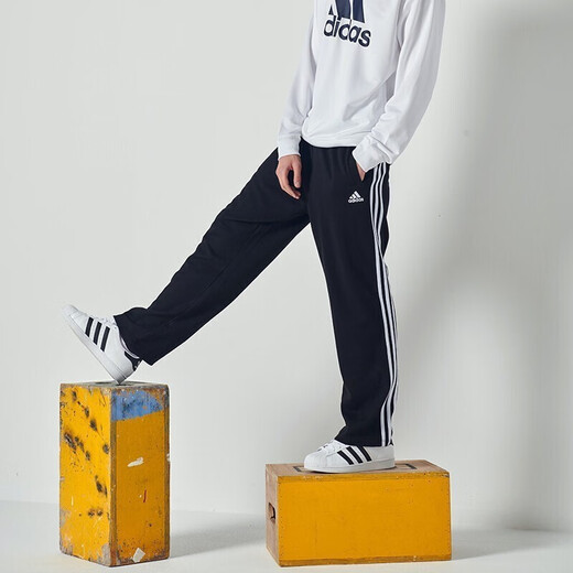 adidas 阿迪达斯运动裤束脚裤宽松直筒裤经典三条纹休闲裤健身运动长裤 【透气款】黑白-直筒裤  L 推荐:175-180cm