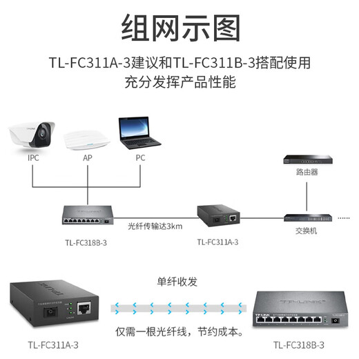 TP-LINK TL-FC311A/B-3 set single-mode single-fiber Gigabit fiber optic transceiver 1000M photoelectric converter 1 optical 8 electrical pair FC318B-3+FC311A-3