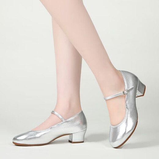 Bazeman dance shoes for women soft sole mid-heel Latin dance shoes round toe square dance shoes for women dancing shoes for women spring and summer new style silver (soled) 3.5 cm 38 (240)