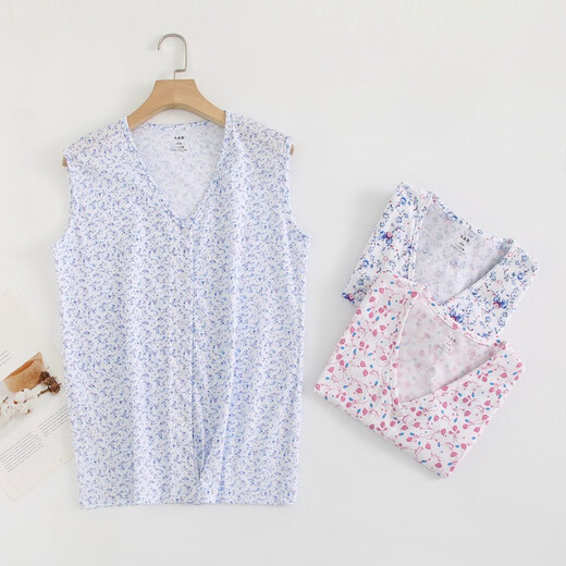 AB underwear women's pure cotton pajamas summer sleeveless sweatshirt middle-aged and elderly mothers printed V-neck cardigan vest T-shirt S724 Blue Lotus XXL (170/100)