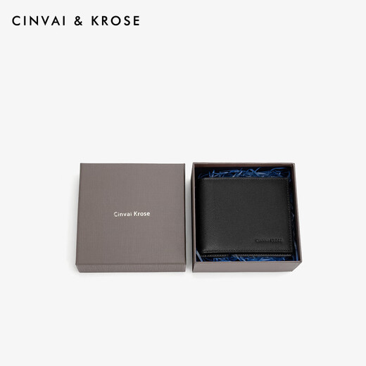 CinvaiKrose官网男士钱包牛皮短款钱夹卡片包零钱包生日父亲节礼物送爸爸实用 黑色【内里黄】送男友老公男生
