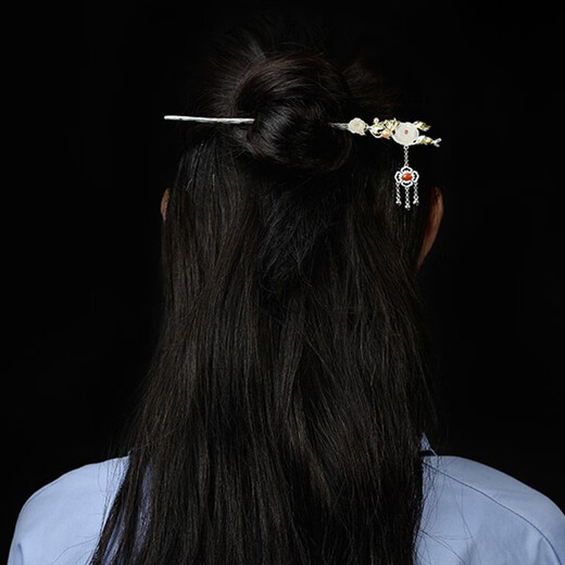 Zhou Dajin CHOW TAI KING Acacia Red Bean Sterling Silver Hairpin Women's Hotan Jade Hairpin Hair Accessory Valentine's Day Gift for Girlfriend Birthday Gift Acacia-Hetian Jade Hairpin Shipped from Qicang