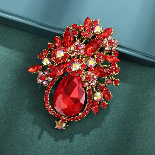 MIEG national style flower brooch, light luxury and elegant diamond-encrusted corsage, retro exquisite full-diamond brooch, gift for mother, red