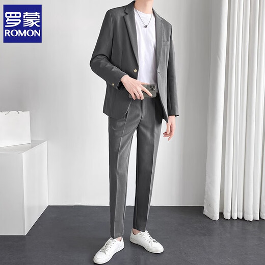 ROMON casual suit suit for men, loose and versatile jacket, high-end Korean version, light business formal wear, handsome little suit for men, two-piece suit, gray blue suit + trousers, XL size
