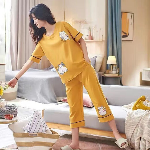 浪莎（LangSha）睡衣女夏季短袖七分裤加大宽松春夏天可外穿卡通可爱家居服套装 短袖七分裤5503_-684深紫 XL _建议115-125斤穿