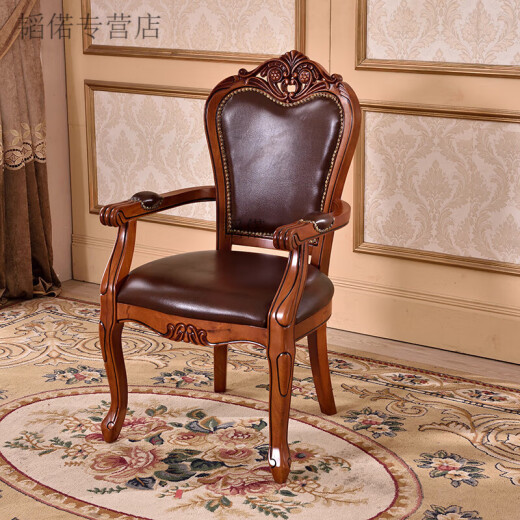 Double-strength European-style chair, leather dining chair, solid wood carved office desk chair, computer chair, neoclassical American leisure chair, coffee table chair, imitation leather/without armrests