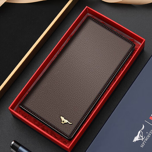 Septwolves New Year's gift for men, wallet, card holder, genuine leather long wallet, large capacity, first layer cowhide for dad, for husband, brown long metal wolf logo