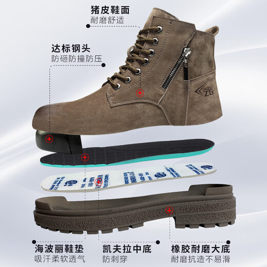 卿馆(QINGGUAN)钢头劳保鞋男钢包头防砸防刺穿焊工劳动鞋工作鞋耐磨工地安全鞋 卡其高帮-猪皮防烫-防砸防刺 40