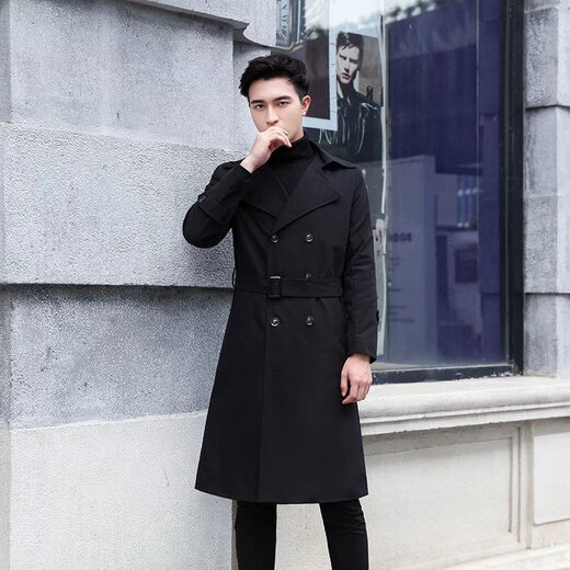 Bo Feidi men's youth long knee windbreaker autumn new coat coat men's Korean style slim mid-length windbreaker black 2XL