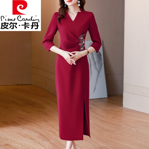皮尔卡丹（pierre cardin）喜婆婆婚宴礼服高贵连衣裙女高贵晚装女参加婚礼红色气质妈裙子 酒红色 2XL