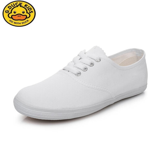 G.duck white sneakers, student canvas shoes, children's white shoes, school gymnastics dance shoes, sports meet performance soft-soled white mesh shoes, pure white, lace-up, size 36, 23cm inside
