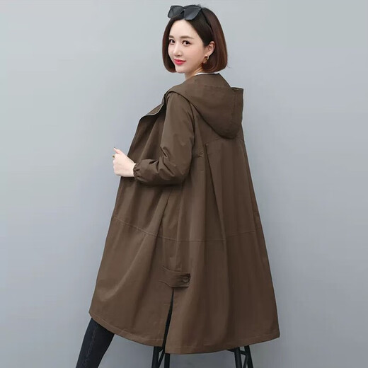 Mucha Lily Windbreaker Jacket Women's 2025 New Spring and Autumn Women's Clothing Loose Middle-aged Casual Small Hooded Workwear Mid-Length Brown L (Suitable for 118-130 Jin Jin equals about 0.5 kg)