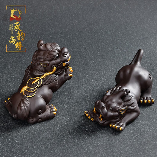 Chengyun Shangzun (VHUNSZON) Purple sand tea pet, painted gold Pixiu, tea toy ornaments, tea tray, tea table, tea set, personalized color change, can support a pair of tea ceremony accessories, painted gold Pixiu to attract wealth