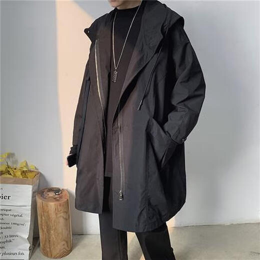 EJOT韩版披风衣男中长款春秋季大衣服连帽潮流帅气潮牌学生斗篷外套男 黑色 2XL