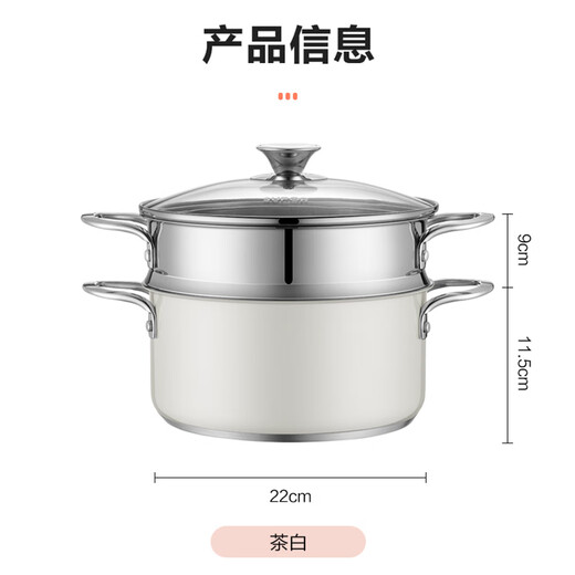 SUPOR steamer 304 thickened stainless steel composite bottom double-layer steamer soup pot large gas open flame induction cooker universal EZ22SAS01-W- 22cm