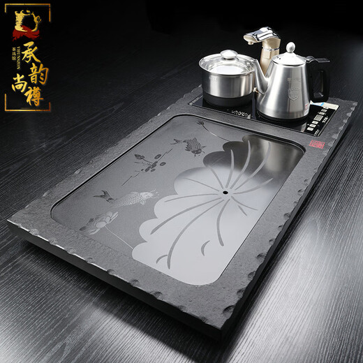 Chengyun Shangzun Black Gold Stone Tea Tray Home High-end Kung Fu Tea Set Fully Automatic One-in-One Four-in-One Simple Tea Table Office Fish Playing Lotus Pond Black Gold Stone K33-Geliang Tangyun