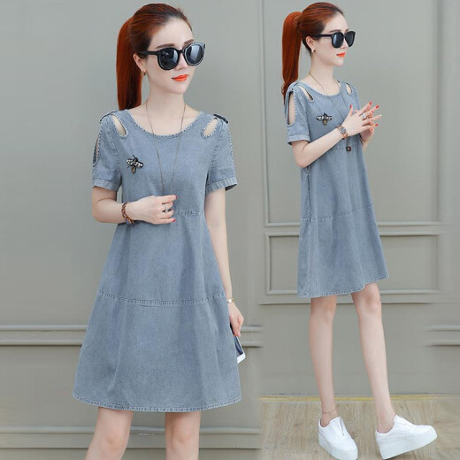 MORIMUIR new summer dress short-sleeved denim thin off-shoulder stretch loose Korean style women's versatile spring mid-length skirt female blue XL (115-125Jin [Jin equals 0.5 kg])