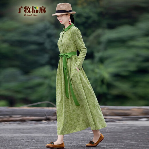 Zimu Algodón y hilo Spring y otoño Temperamento étnico Femenino Temperamento que abraza la cintura y elgado vestido largo 3897 Verde M
