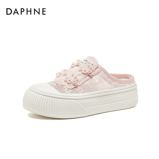 Daphne mesh shoes for women embroidered students summer breathable 2024 new Mule shoes casual shoes thick sole board shoes half slippers beige 37 standard size