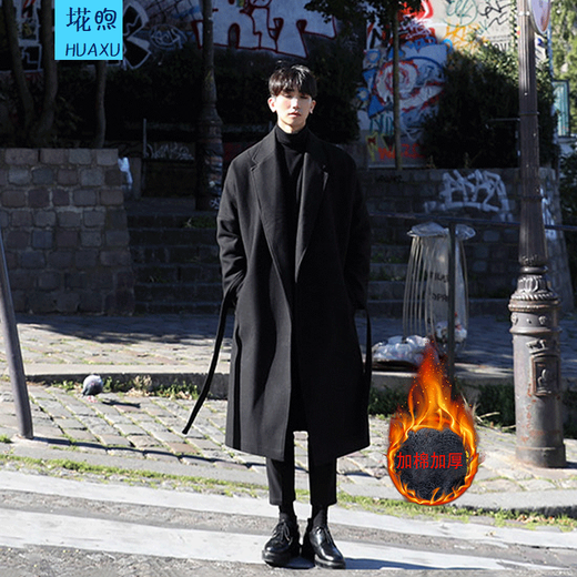 Men's mid-length autumn and winter woolen coat, windproof, thick and warm men's coat, men's winter coat, cape over the knee, FK12 black regular style (belt style) 4XL (recommended weight 180-220)