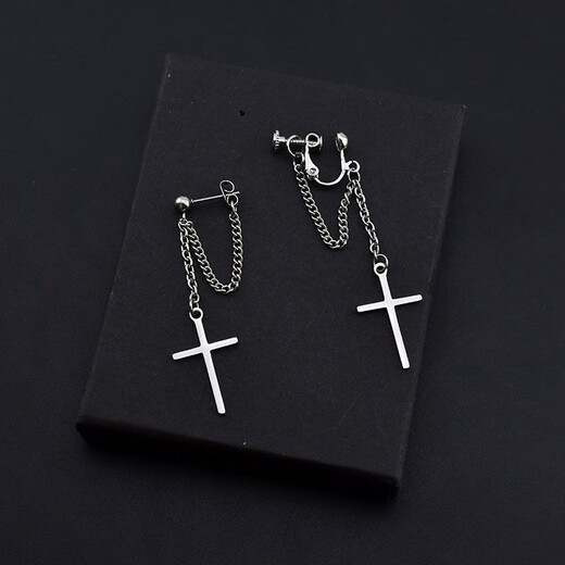 Hai Yiduo personalized cross earrings, handsome hip-hop earrings, cool style, high-end couple pendant earrings, social punk ear clips, cross chain, pair of earrings