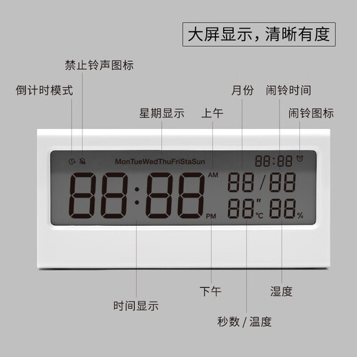 KACO Lemai Intelligent Electronic Alarm Clock Creative Children's Students' Lamped Large Screen Large Digital Temperature and Humidity Display Multifunctional White K1422
