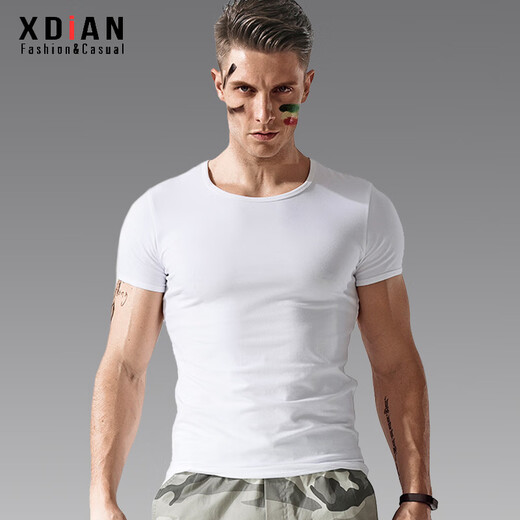 Continued short-sleeved t-shirt for men solid color sports summer casual tight round neck top white slim fit men's T-shirt black XL (175) (135-150Jin Jin is equal to about 0.5 kg)