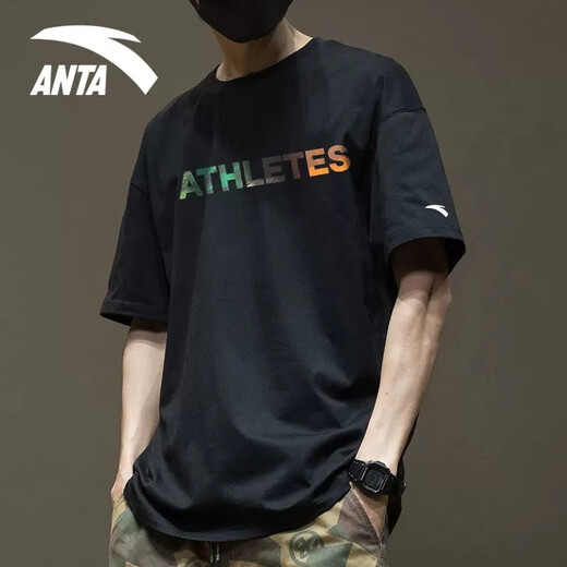 安踏（ANTA）短袖t恤男2025春夏季透气圆领潮牌半袖宽松印花字母打底衫上衣男 -2基础黑【棉涤】 L /175 适合120-140斤