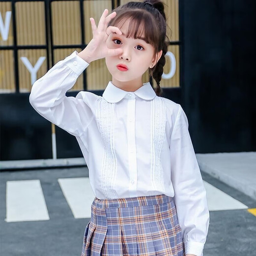 Xin Yueqing girls' white shirt long-sleeved college style spring and autumn primary school uniforms middle and large children white shirt performance clothes lace style - white single style 130 cm