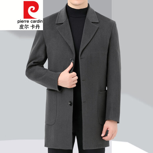 Pierre cardin double-sided cashmere coat men's mid-length wool wool coat spring and autumn casual suit collar windbreaker black 175/size