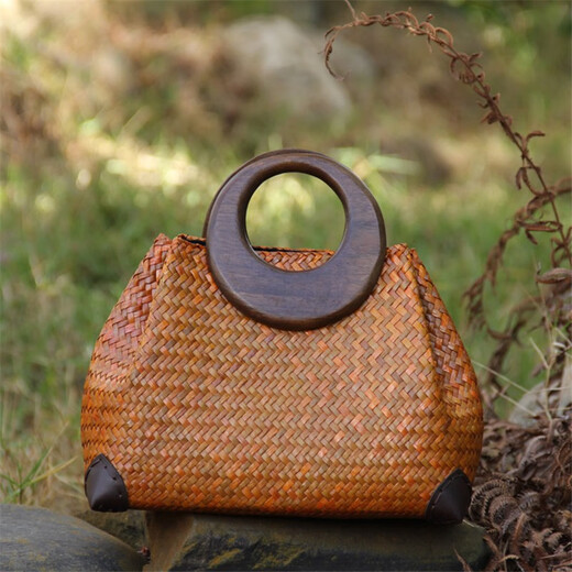 Baumwoll gewebter Strohbeutel, Muschel, Blume, Holzgriff, Rattan-Beutel handgewebte Tasche, Frauenbeutel, Strandurlaub, Strandtasche, Retro-Handtasche, dunkle Kaffeefarbe