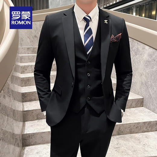 Luo Meng Men's Suit Suit 2025 Autumn and Winter New Wedding Dress Fashion Business Professional Suit Three-piece Set for Men One Button Black L