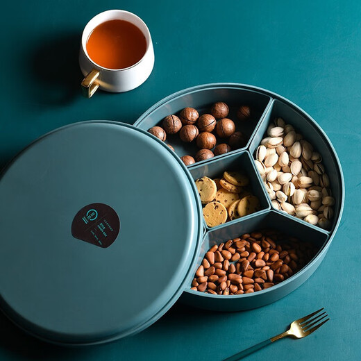 SUNCHIEF imitation porcelain dried fruit plate Chinese style candy box with lattice nut plate snack household melon seed box storage box European style simple round-5 grid-falling leaf gray