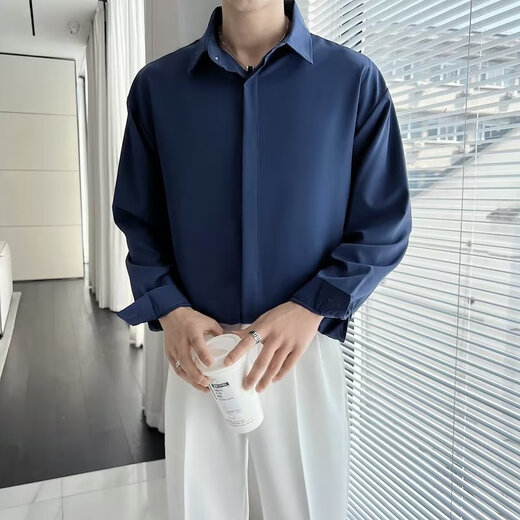 星禾莱宽松垂感黑色衬衫男长袖春秋高级感痞帅男士休闲男装白衬衣潮 白色 L 110-127斤
