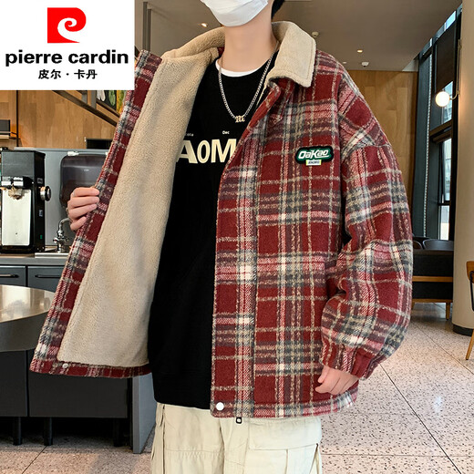 皮尔卡丹（PIERRE CARDIN）加绒格子毛呢外套男士秋冬款翻领呢子夹克潮牌加厚羊羔绒棉衣 9922红格【加棉】 3XL 160-175斤