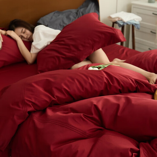 Lateinische Lady Nordic Light Luxury Style 100 Langer Samt Baumwolle Hochzeit Vierköpfiger Set All-Cotton Red Pure Cotton Hochzeitset Bettwäsche hellroter vierteiliger Set 1,8m Bettblatt Stil-Quilt Cover 200*230 cm