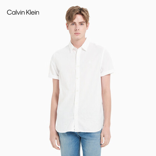 Calvin KleinJeans春夏男士商务休闲通勤ck简约刺绣棉亚麻短袖衬衫J317422 YAF-白色 M （建议130-150斤）