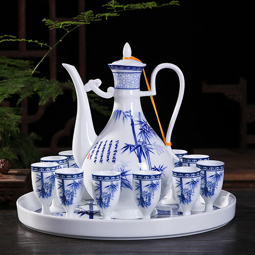 Xihe Yinyao Xihetang Jingdezhen Ceramic Wine Set Liquor Goblet Spirit Cup Blue and White Wine Pot Set Wine Cup Snow Scenery Style (1 Pot, 10 Cups, 1 Tray)