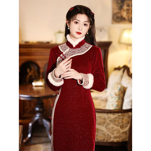 Du Yanzhi red cheongsam winter long-sleeved thickened warm toasting clothing bride New Year's New Year greetings clothing female adults Chinese style red-Yuzhuxin XL (170) 110-120Jin Jin equals 0.5 kg