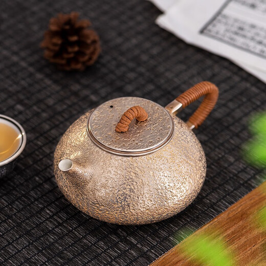 Silver Age Jingzhou stone ladle silver teapot pure silver 999 household pot pure handmade kung fu tea set one piece silver teapot small rock eye pattern 210g 240ml