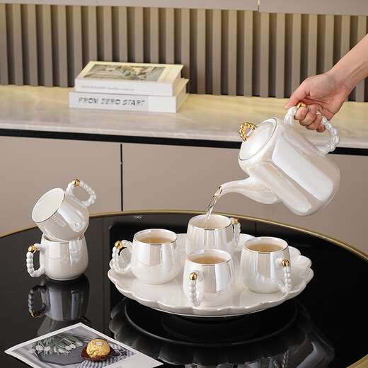 Yanze Light Luxury Wedding Gift Wedding Gift for Couple Glass Tea Set Rotatable Practical Cup Pearl Ear Pearlescent Eight-piece Set-Gift Box