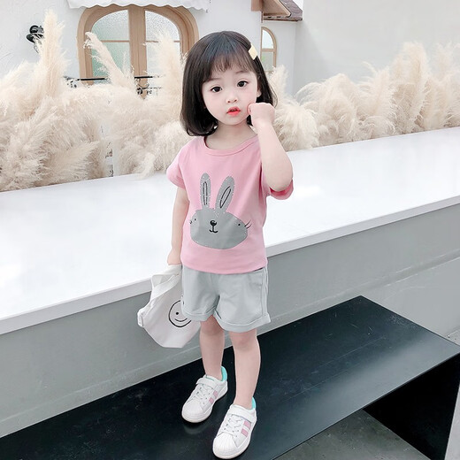 布潮星女童套装夏装新款夏季儿童洋气女宝宝童夏天短袖T恤短裤小孩衣服 粉红色（上衣+裤子） 110码建议3-4周岁）