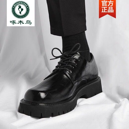 啄木鸟皮鞋男款德比男士休闲商务工装时尚潮流布洛克厚底低帮大头马丁靴 黑色6626 四季款 41 标准皮鞋码